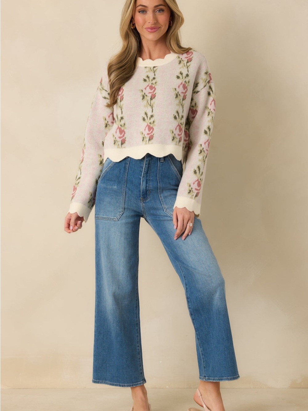 NWOT Mable Petal Promises Pink Floral Knit Scallop Edge Cottagecore Sweater